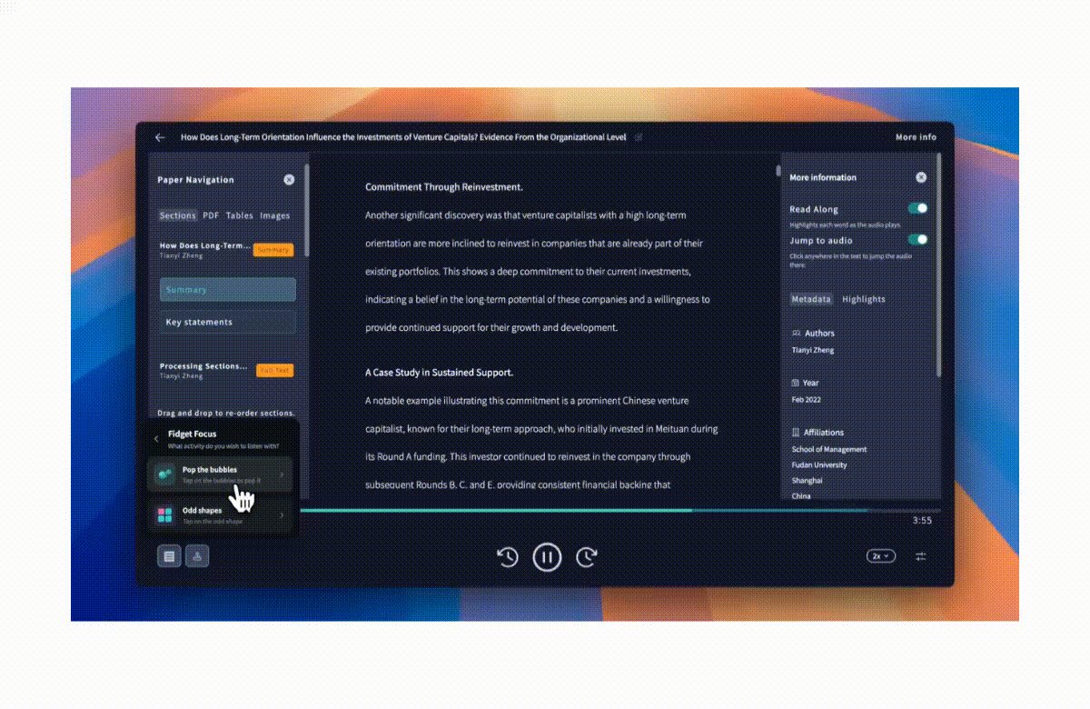 Fidget Focus running in the Audemic web app